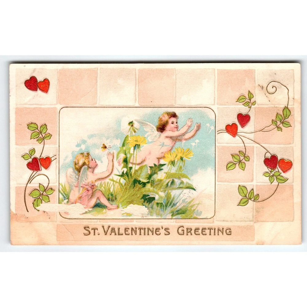 Valentine Postcard Cherubs Angels In Garden Bumble Bee Antique Vintage Ser 301 A